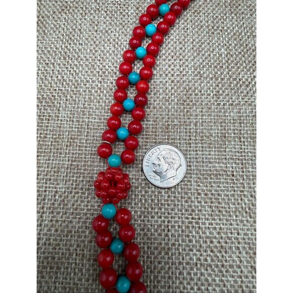 Long Red & Turquoise Glass Bead Necklace with Knotted Accents Unique - Picture 8 of 10